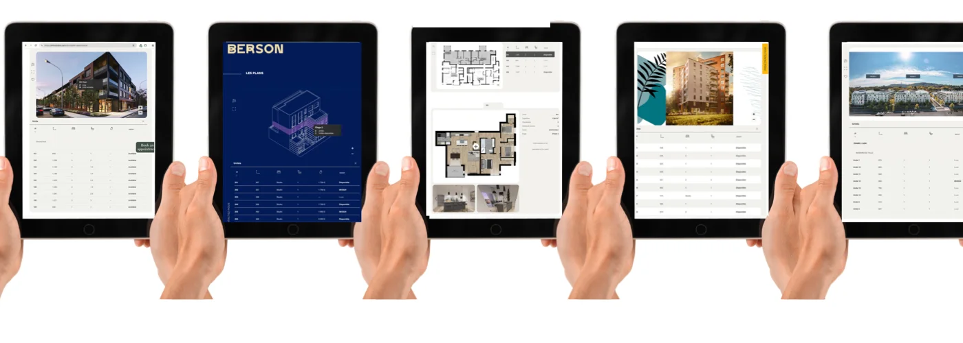 Plusieurs présentations de projets immobiliers affichées dans Smart Condo Plans sur des tablettes