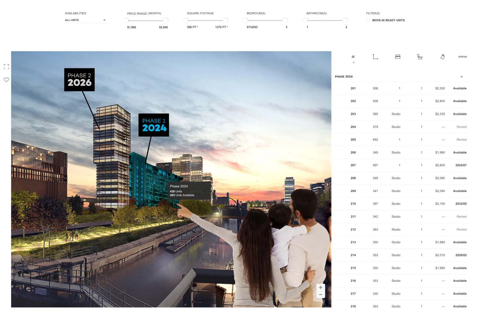 Smart Condo Plans Unit Explorer showing an interactive project image, filters and a list of available units